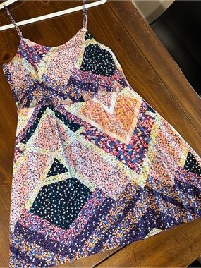 Divided Multicolor Floral Patchwork Spaghetti-Strap Mini Dress